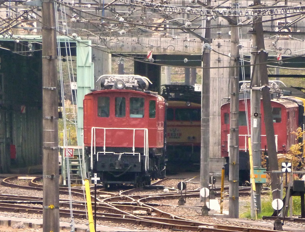 Mit starkem Zoom aufgenommen - Seibu-Konzern, Lok E52. Die beiden elektrischen Gleichstromlokomotiven E51/52 wurden 1928 von Brown Boveri Baden und der Schweizerischen Waggonfabrik Schlieren nach Japan geliefert. Zum Seibu-Konzern gelangten sie 1949. Achsfolge B - B. Die E51 wurde 1976, die E52 1987 ausgemustert. Ueberraschend stand die E52 am 23.Oktober 2011 vor dem Schuppen des Seibu-Konzerns in Chichibu.   