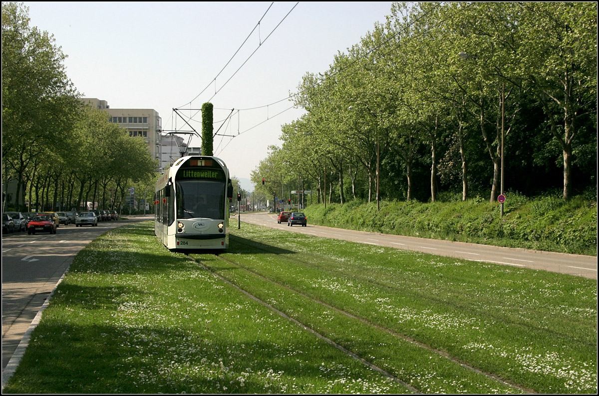 Mit der Straßenbahn durch den Freiburger Westen -

Auf einer grünen Wiese erreicht der Combino auf der Fahrt in Richtung Innenstadt gleich die Haltestelle 'Am Bischofskreuz.'

11.05.2006 (M)