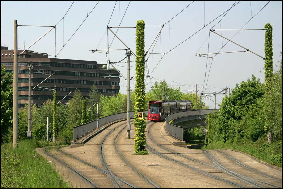 Mit der Straßenbahn in den Freiburger Westen -

Die erste Neubaustrecke in Freiburg hatte einen sehr hohen Ausbaustandard, ein durchgehender eigener Bahnkörper, meist als Rasengleis und auch mehrer Kunstbauten wurden erstellt, wie die Stühlinger Brücke über den Hauptbahnhof, eine Brücke über die Güterumgehungsbahn bei der Haltestelle 'Runzmattenweg', sowie westlich dieser Haltestelle der Flyover über die Kreuzung Berliner Allee/Sundgauallee. Dadurch konnte auch der Abzweig zur Bissierstraße und später nach Haid kreuzungsfrei gestaltet werden. Der hohe Standard der neuen Strecke wurde auch den Begriff 'Stadtbahn' hervorgehoben. 

Blick von der Haltestelle Runzmattenweg auf den Abzweig der Linie 3 nach Haid mit dem Brückenbauwerk für die Linie 1. Hier hat die Strecke schon deutlichen Stadtbahn-Charakter. Heute würde man hier kaum mehr so aufwendig bauen und auf das Brückenbauwerk verzichten. 

11.05.2006 (M)