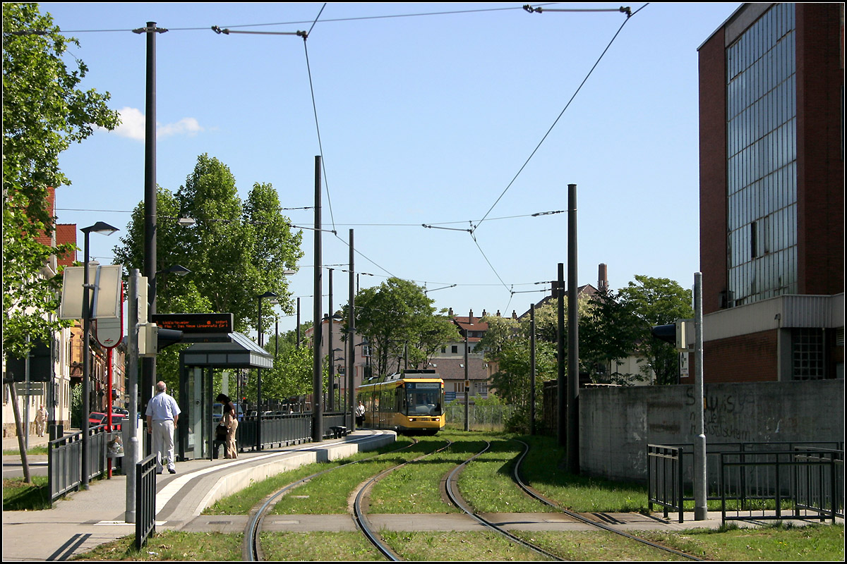 Mit der Straßenbahn nach Karlsruhe-Wolfartsweier -

Ein Blick von der anderen Seite (nach Norden) auf die mit versetzt angeordneten Bahnsteigen versehene Haltestelle 'Killsfeldstraße' der Straßenbahnstrecke nach Karlsruhe-Wolfartsweier.

24.05.2006 (M)
