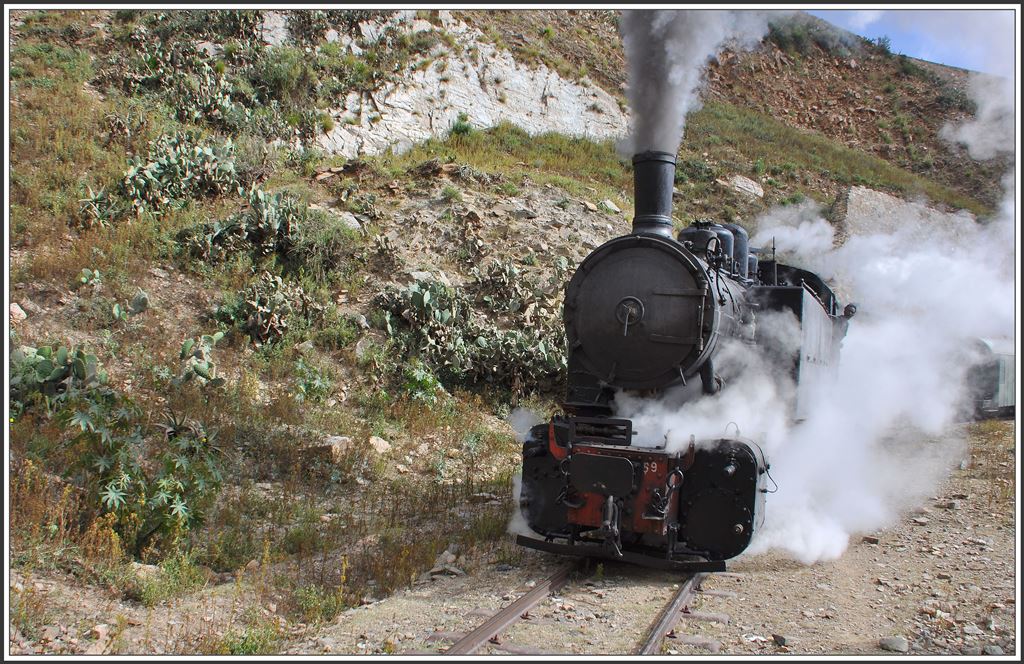Mit Volldampf und Dampf aus Ritzen, wo es keinen Dampf haben sollte, gehts weiter bergauf Richtung Asmara. (04.12.2014)
