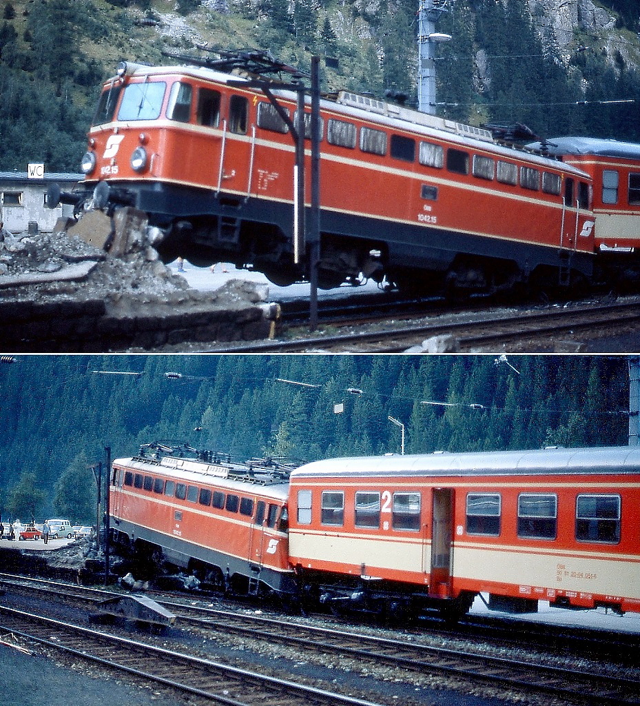 Mitte der 1980er Jahre machte die 1042.15 unliebsame Bekanntschaft mit dem Prellbock im Bahnhof Böckstein (Tauernshuttle). Schnappschuss aus einem Regionalzug.