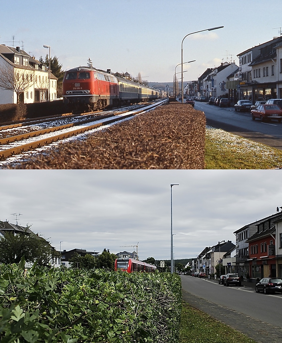 Mitten durch Mechernich führt die Eifelbahn, die 215 135-5 an einem Wintertag Ende der 1980er Jahre befährt. Damals konnte ich mich noch über die Hecke recken, um den Zug aufs Bild zu bekommen, am 04.07.2020 wäre schon eine Leiter notwendig gewesen, um den nach Kall fahrenden 620 komplett abzubilden (aber dann wäre es nach meinem Verständnis auch kein korrekter Einst&Jetzt-Vergleich)
