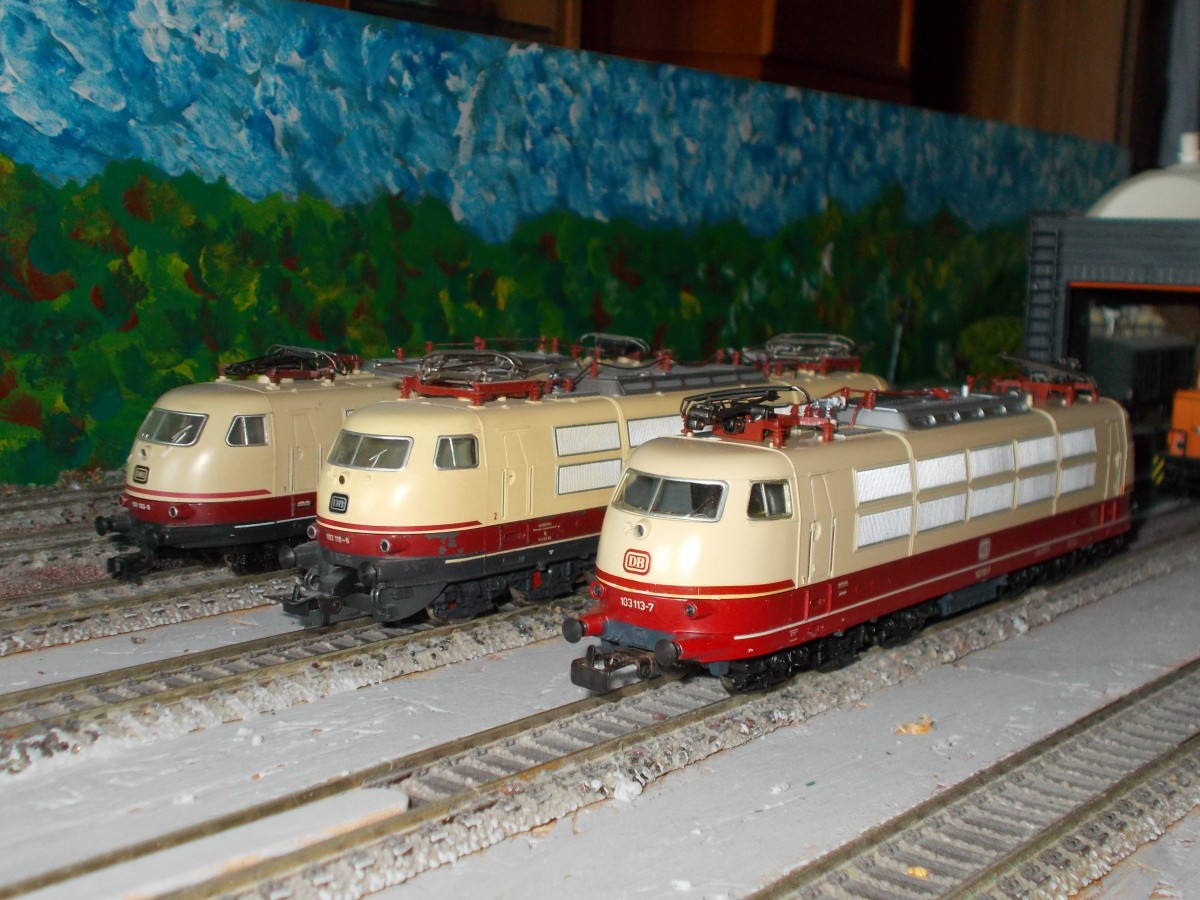 Mittlerweile entwickelt sich mein H0 Bw zu einer Hochburg von der E103.Am 03.Januar 2015 standen im Bw links die LIMA 103 123,mitte FLEISCHMANN`s 103 118 und rechts die MÄRKLIN 103 113.Leider kann ich die 103 113 nicht einsetzen da die Lok auf Wechselstrom ist.