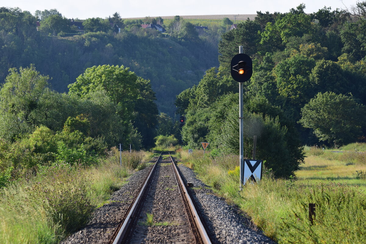 Mittlerweile sind die EZMG Signale in Nebra Geschichte. Da letztes Jahr bereits feststand das diese wegfallen wurde dem Bahnhof Nebra am 16.8.21 nochmal ein letzter Besuch abgestattet. Von einem kleinen Bahnübergang konnte ich das Einfahrvorsignal von Nebra aus Richtung Reinsdorf.

Nebra 16.08.2021