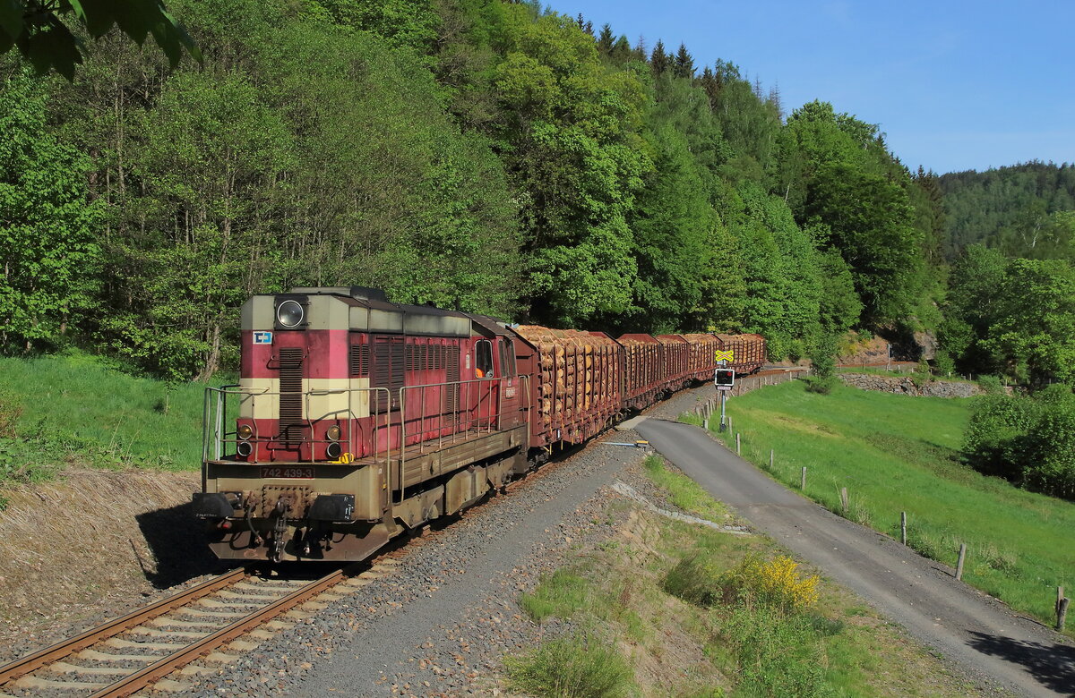 Mn 87001 von Nejdek nach Karlovy Vary mit Holzbeladenen Rungen. Aufgenommen bei Nova Role zas. am 19.05.2022 mit der 742 439 als Zuglok.