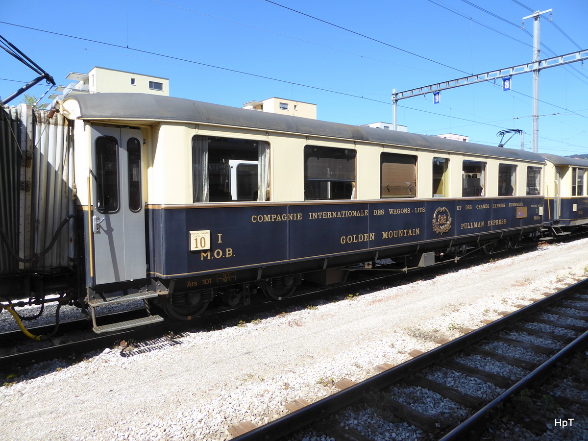 MOB Goldenpass - Salonwagen Ars 101 im Bahnhofsareal in Bulle am 05.05.2016