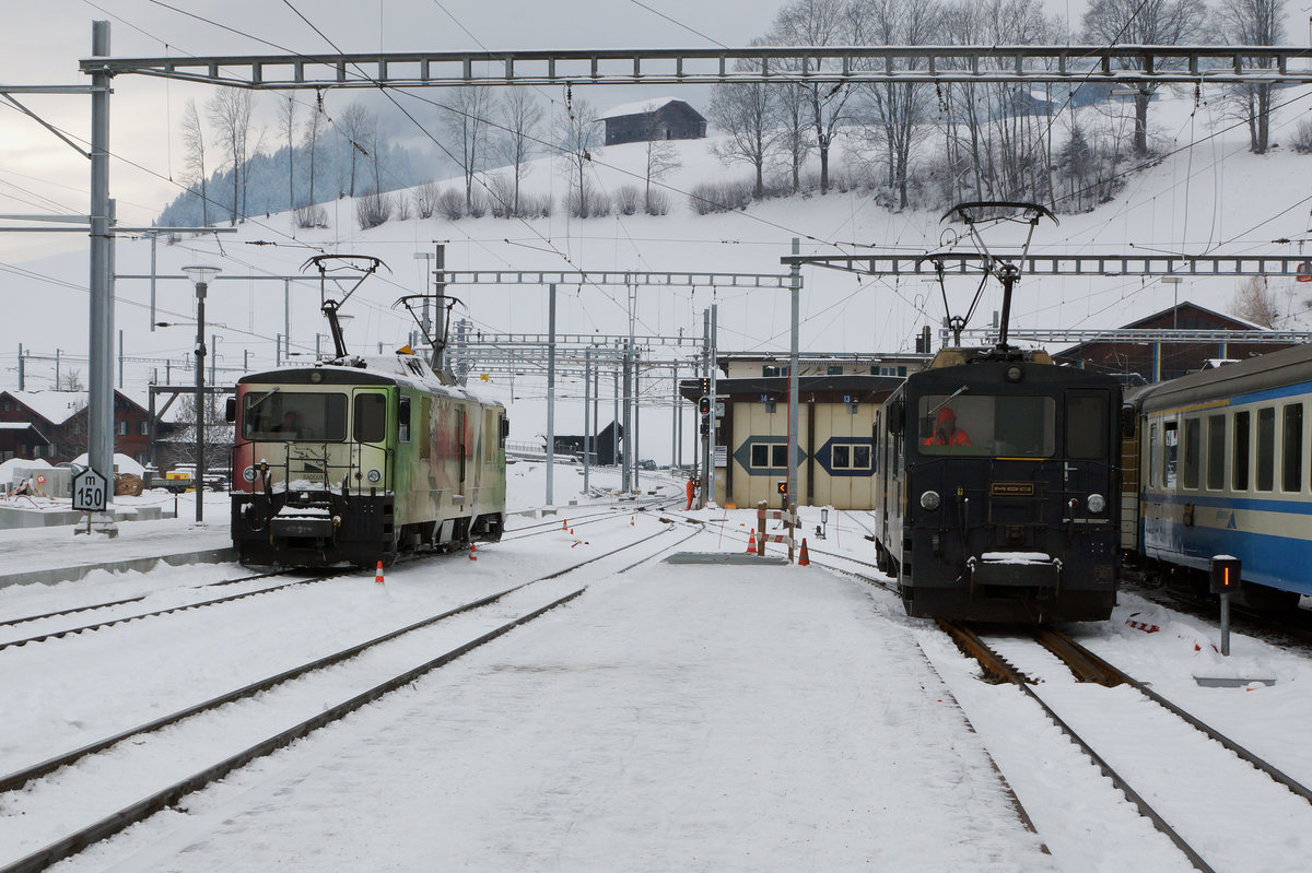 MOB: Impressionen des Bahnhofs Zweisimmen vom 1. und 8. Januar 2017.
Im Vergleich zum 8. Januar  gab es zum Jahresbeginn noch keinen Schnee.
Foto: Walter Ruetsch  