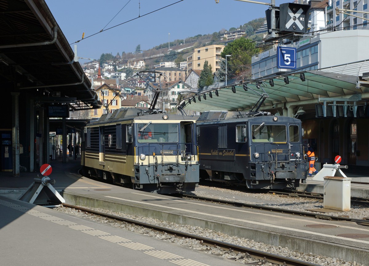 MOB: Momentaufnahme von den beiden GDe 4/4 6004 und GDe 4/4 6002  Jsabelle von Siebenthal , entstanden in Montreux am 17. März 2016.
Foto: Walter Ruetsch 