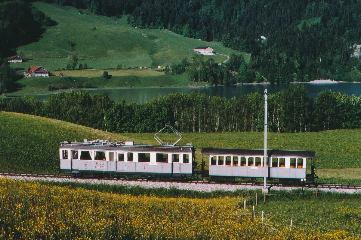 MOB/BC: Die MOB wie in alten Zeiten. Sonderzug bestehend aus dem BCFe 4/4 11 und dem C 45 bei Rossinière am 29. Mai 2004.
Foto: Walter Ruetsch