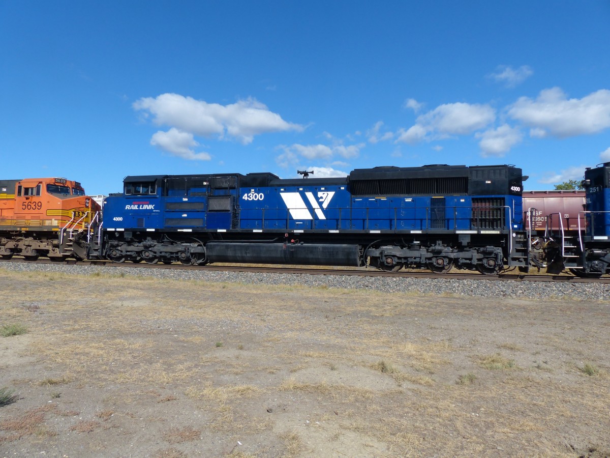 Montana Rail Link  4300 als vorletzte Lok am Ende des westwrts fahrenden Kohlezuges in Livingston am 09.09.2013. Im Hitergrund kreuzt ein ostwrts fahrender Getreidezug.