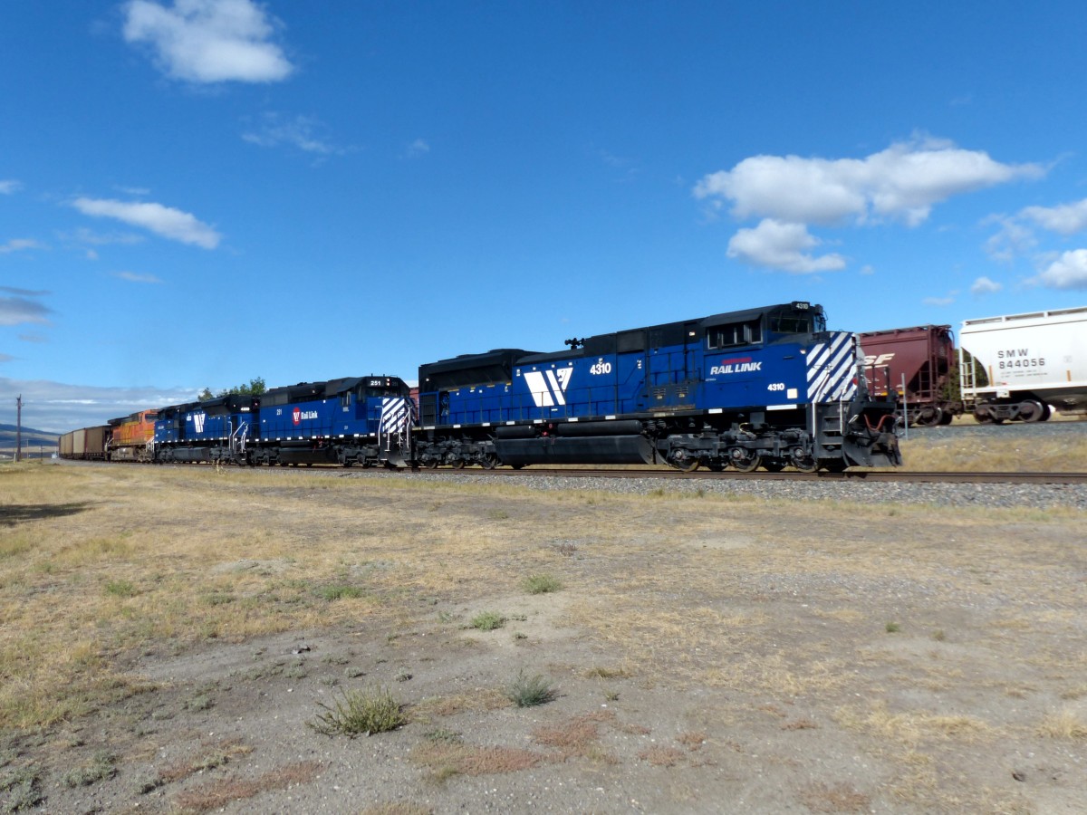Montana Rail Link 4310 als letzte von insgesamt sieben Loks am Ende eines Kohlezuges am 09.09.2013 in Livingston, Montana.