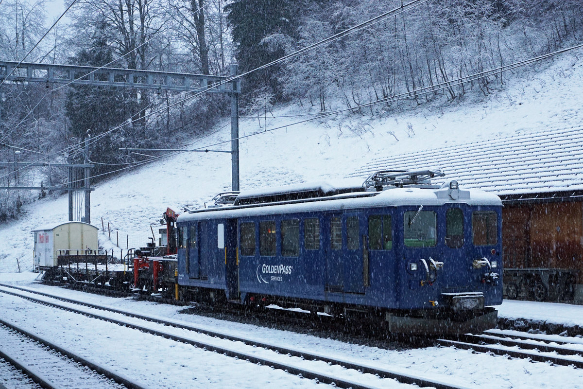 Montreux-Berner Oberland-Bahn/MOB.
Bahnhof Gstaad am 27. Dezember 2019 bei sehr schlechtem Winterwetter.
Foto: Walter Ruetsch