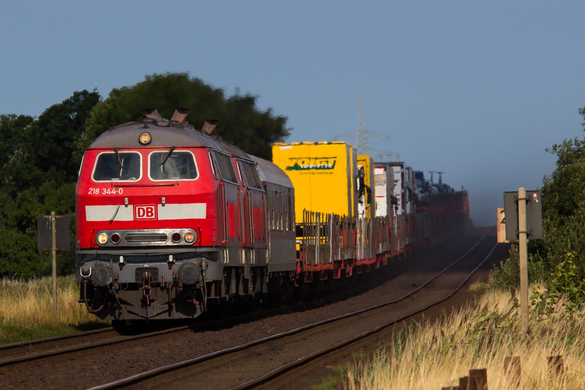 Morgendlicher Syltshuttle mit 218-344-0 kurz vor Klanxbüll. 8.8.14