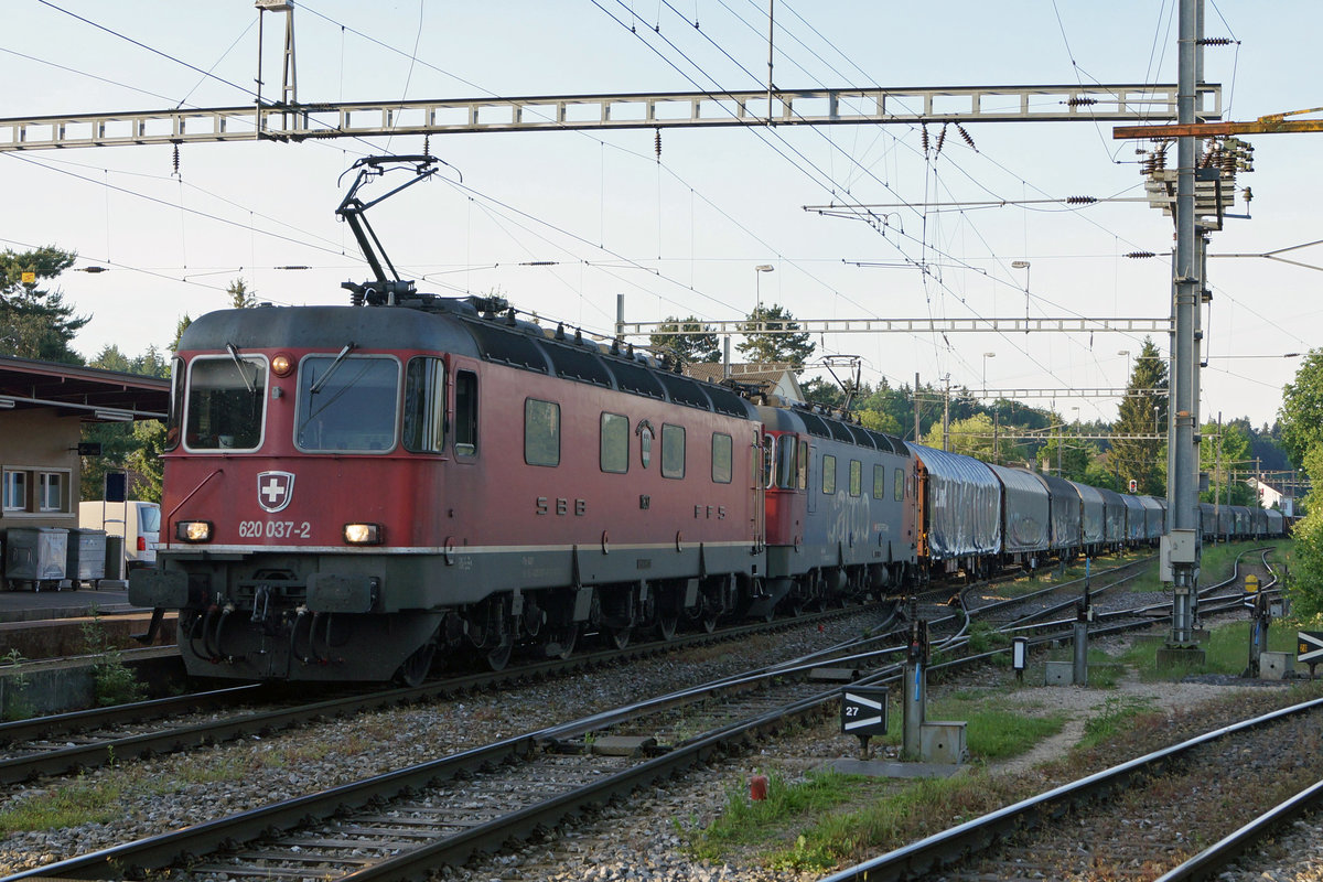 MORGENSTIMMUNG IN GERLAFINGEN VOM 22. MAI 2020.
Re 6/6 Doppeltraktion auf die Abfahrt wartend mit Re 620 037-2  SONCEBOZ-SOMBEVAL  sowie der Re 620 033-1  Muri AG .
Schatten absichtlich nicht aufgehellt, da er zu dieser Tageszeit der Realität entspricht.
Fotostandort öffentlicher Bahnübergang, Bildausschnitt Fotoshop.
Foto: Walter Ruetsch 