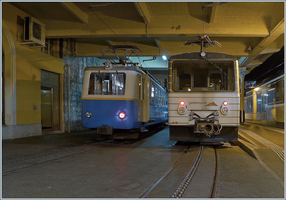  Morgenstund hat Gold im Mund  heisst es; nun bei einen etwas frühen Besuch beim Goldenpass musste ich dass  Gold  mittels Bildbearbeitung doch ziemlich in die Schranken weisen...
Doch zur frühen Stunde zeigte sich interesanntes: Während der Bhe 4/8 305 zwar aufgerüstet war, blieb es wohl dem Bhe 2/4 204 vorbehalten ersten Zug, den Regionalzug 3351 nach Caux zu  fahren, stand er doch mit beleuchtet und mit offen Türen auf Gleis 9. 
18. Feb. 2018