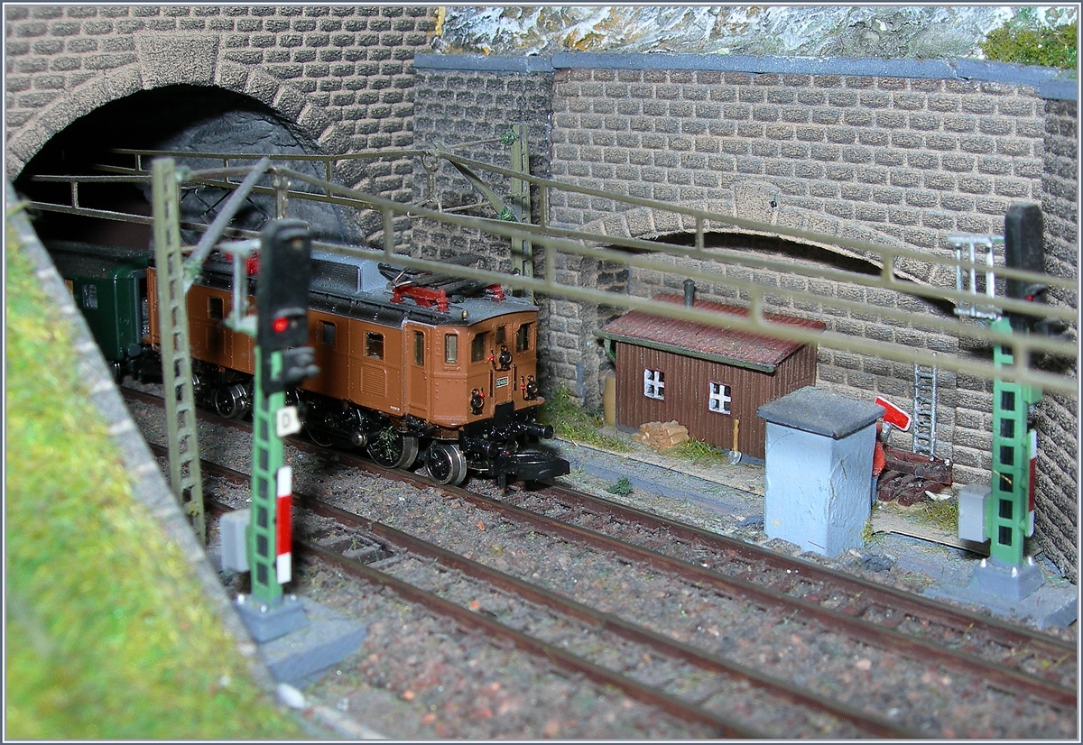 Motiv verdeckt? Nein, denn das Motiv ist nicht die schöne Ae 3/6 III, sondern die Schaufel am Schuppen beim Tunneleingang und soll zeigen, dass auch in der Z Spur verschieden Details möglich sind.
Die  schwebenden Balken , welche als Fahrleitung fungieren, sind auf dem Bild zugegebenermaßen etwas störend, aber betriebssicher, vertragen auch hin und wieder einen Stoss und zeigen sich in Wirklichkeit weitaus harmonischer. Trotzdem lohnt es sich wohl, in ferner Zukunft über eine filigranere Fahrleitung nachzudenken.  
18. Nov. 2016