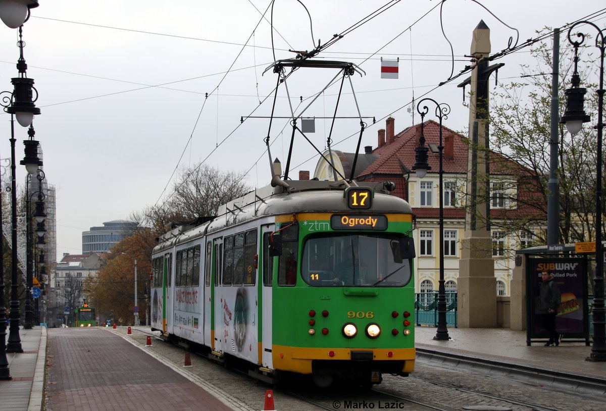 MPK Poznan Düwag GT8 Wagen 906 (ex Frankfurt) am 14.11.18 in Posen (Polen). Das Foto hat ein Freund gemacht und ich darf es hier veröffentlichen 