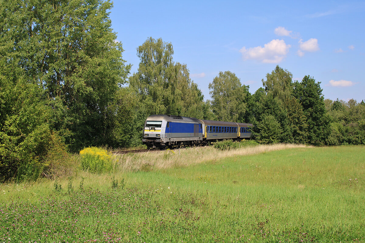 MRB 223 054 fährt mit einem RE6 von Chemnitz Hbf nach Leipzig Hbf durch den Ort Göhren. (19.08.2023)