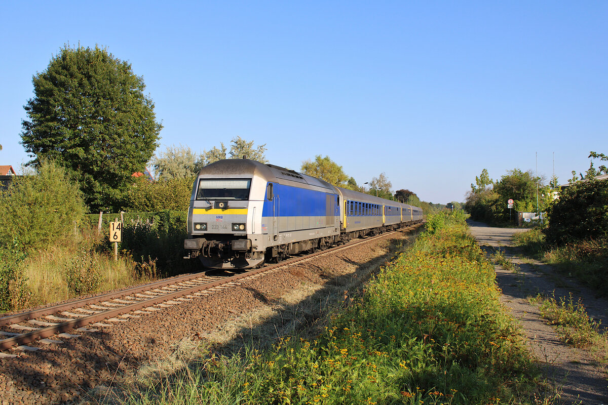 MRB 223 144 dieselt mit ihrem RE6 von Chemnitz Hbf nach Leipzig Hbf durch Großpösna. (10.09.2023)