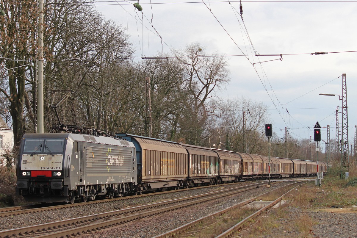 MRCE Dispolok/BCB ES 64 F4-111 am 1.3.14 mit einem Papierzug in Ratingen-Lintorf.