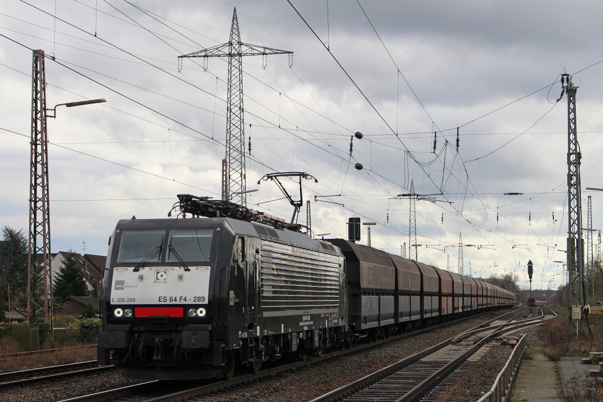 MRCE Dispolok/NIAG ES 645 F4-289 am 3.3.14 mit einem Kohlewagenzug in Ratingen-Lintorf.