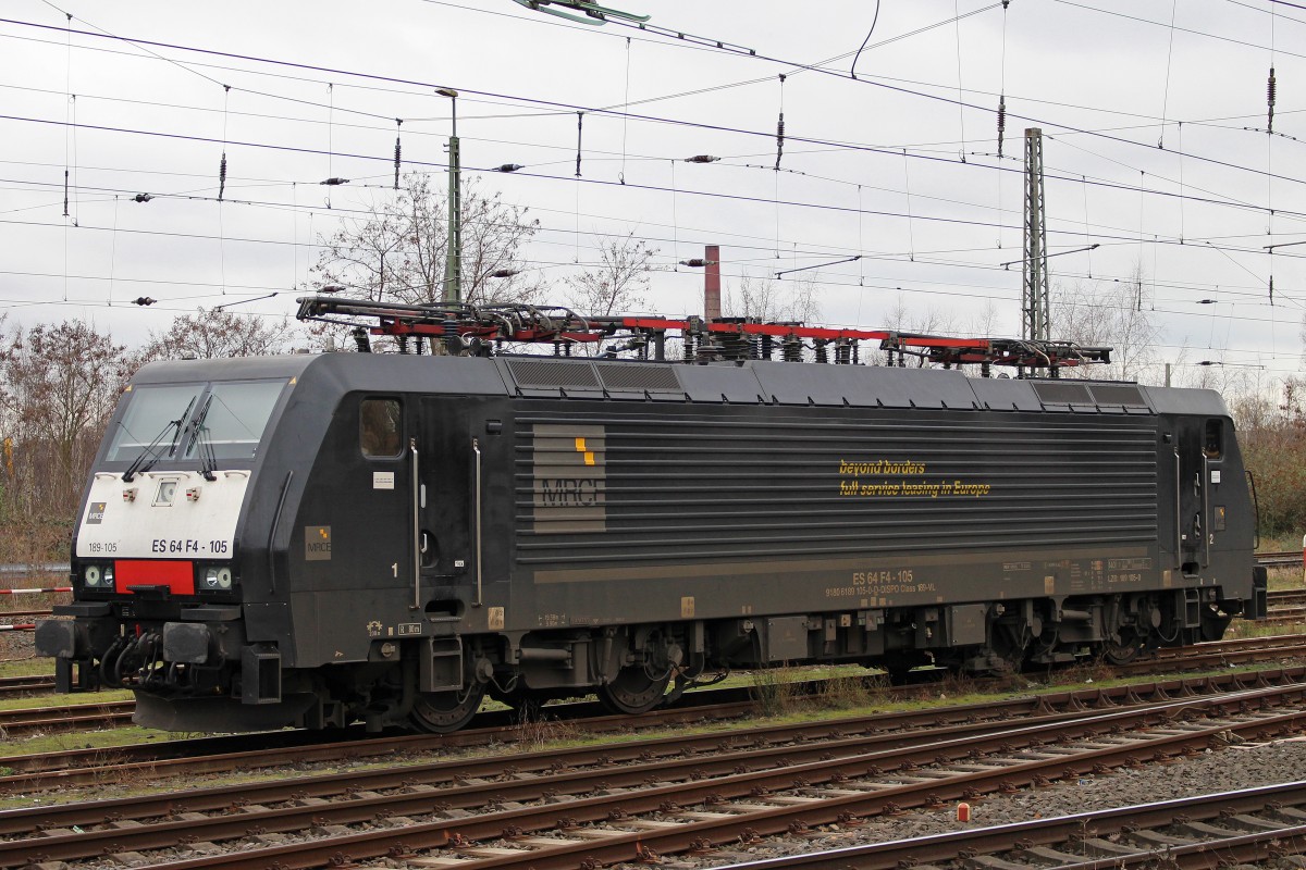 MRCE Dispolok/RTL ES 64 F4-105 am 22.2.14 abgestellt in Krefeld Hbf.