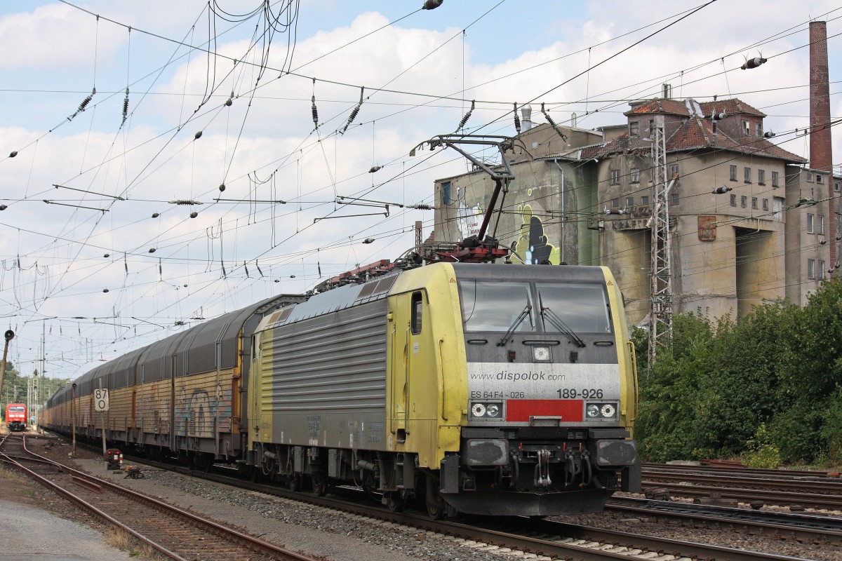 MRCE Dispolok/TXL ES 64 F4-026 am 6.8.13 mit einem Autozug in Verden (Aller).
