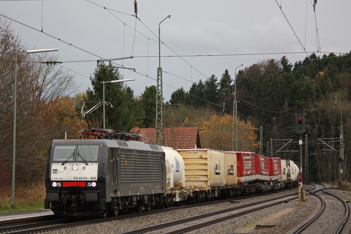 MRCE Dispolok/TXL ES 64 F4-458 am 9.11.13 mit einem KLV in Aßling (Obb.).