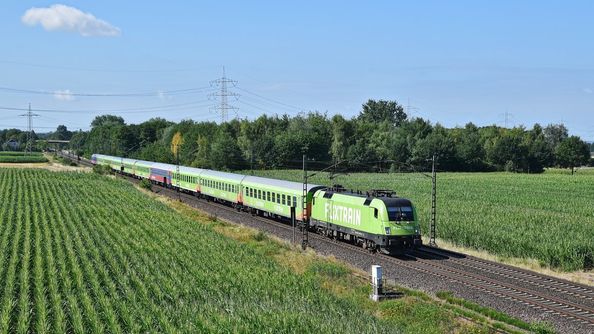 MRCE ES 64 U2-005 (182 505), vermietet an BTE (BahnTouristikExpress), mit FLX 1800 Köln Hbf - Hamburg-Altona (Marl [NI], 07.07.18).