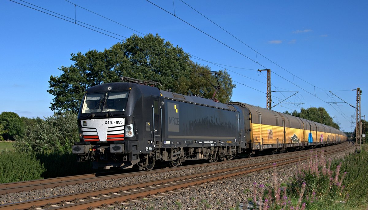 MRCE X4E - 855 mit ARS-Altmann-Autotransportzug nach Bremerhaven durch Loxstedt am 17.08.16.