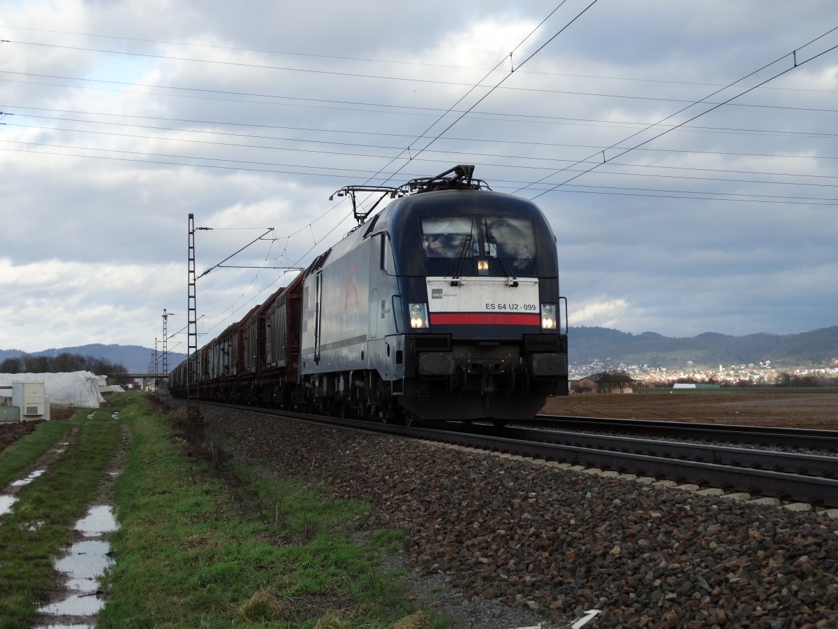 MRCE/Dispolok TX Logistik ES 64 U2-099 (182 099) am 11.01.15 bei Ladenburg auf der Main Neckar Bahn 