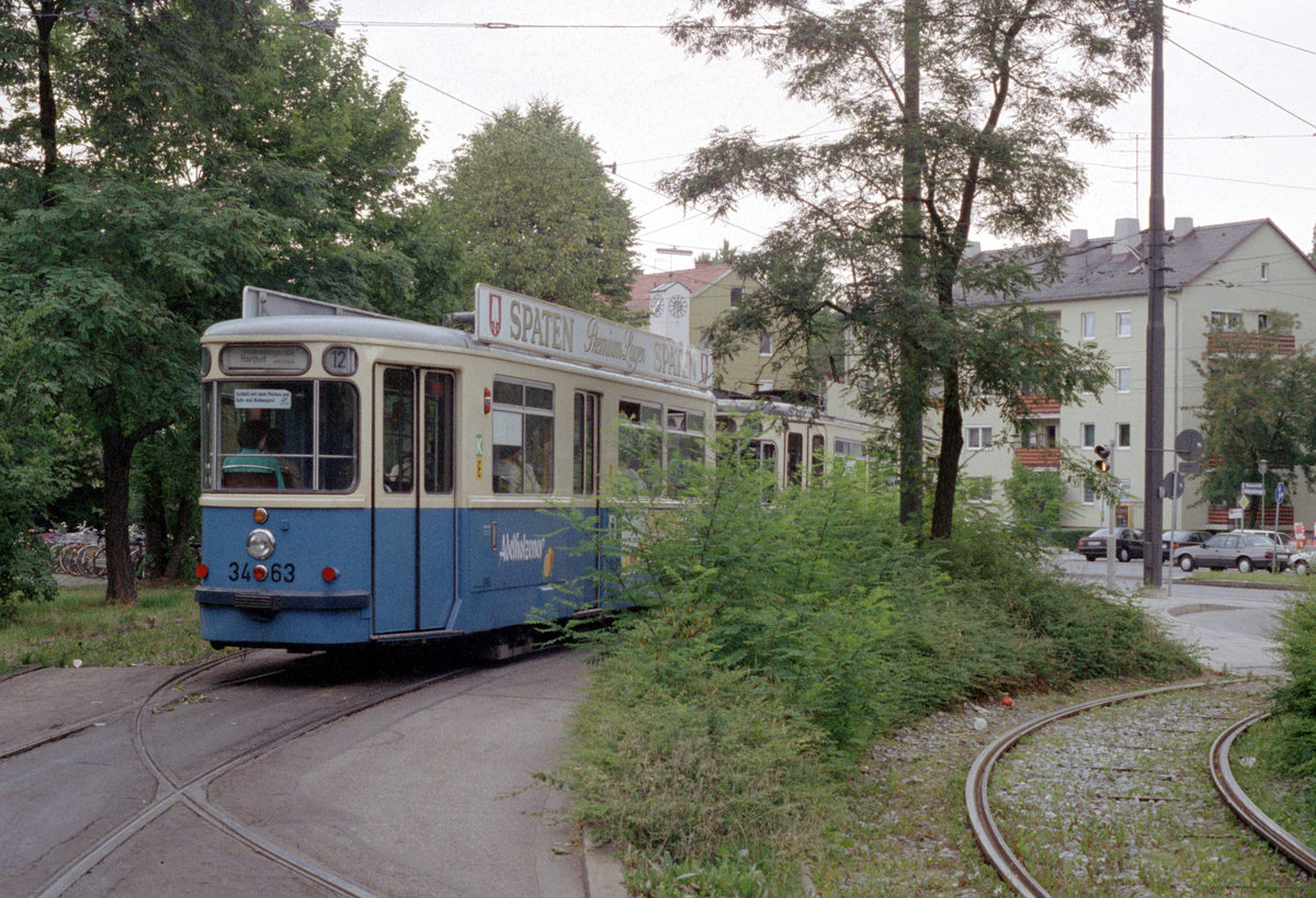 München MVV Tramlinie 12 (m4.65 3463) Scheidplatz im Juli 1992. - Scan eines Farbnegativs. Film: Kodak Gold 200-3. Kamera: Minolta XG-1.