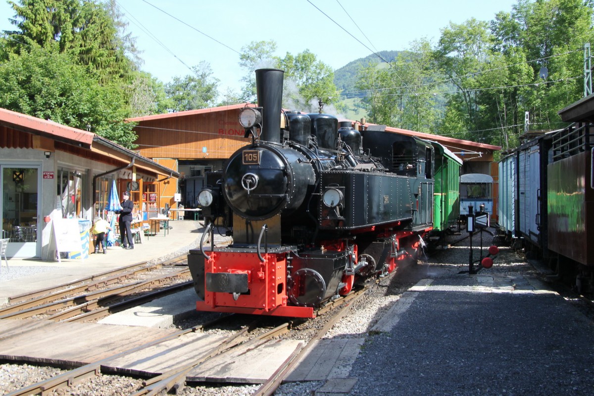 Museumsbahn Blonay-Chamby.Dampflok G 2x2/2 Nr.105 MGB Karlsruhe 1918.Camby,Depot Chaulin 07.06.14