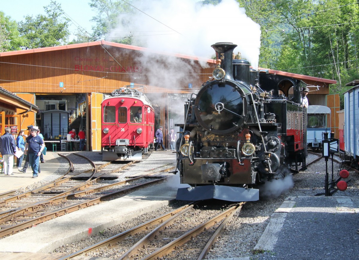 Museumsbahn Blonay-Chamby.Dampflok HG3/4(1913)Nr.3 ex.Brig-Furka-Disentis Bahn(BFD)links ex.RhB Bernina Triebwagen Nr.35.Chamby,Depot Chaulin 07.06.14