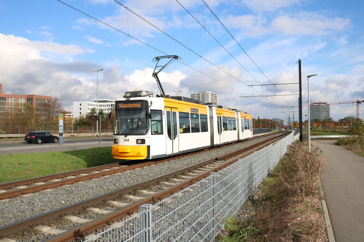 MVG Adtranz GT6M Wagen 204 am 09.11.19 in Mainz in der Nähe der Opel Arena (Fußballstadion) 