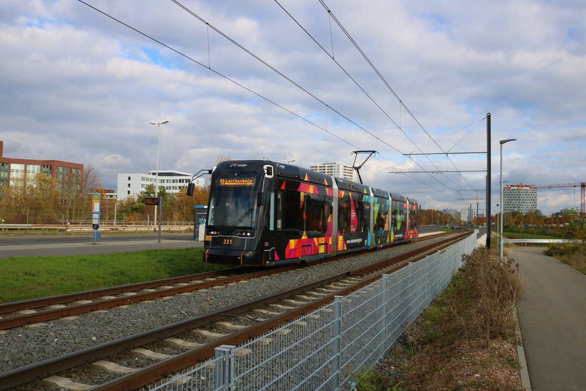 MVG Stadler Variobahn 231 am 09.11.19 in Mainz in der Nähe der Opel Arena (Fußballstadion) 