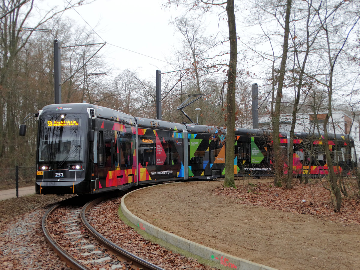 MVG Stadler Variobahn Wagen 231 mit Stadtwerke Mainz Vollwerbung am 17.12.16 in Mainz Lerchenberg von einen Gehweg aus fotografiert über einen Zaun 