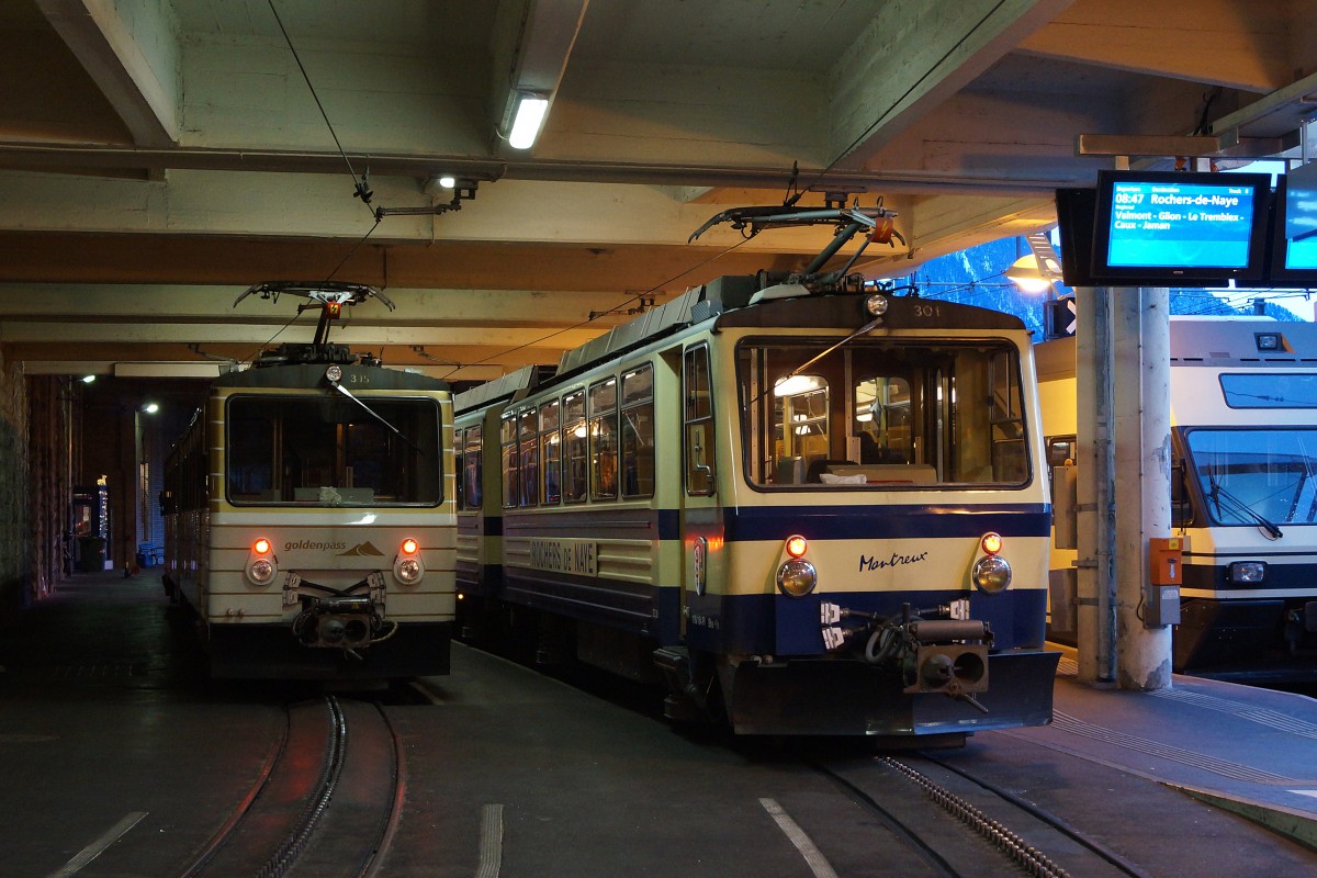 MVR/MGN: Morgenstimmung in Montreux mit den beiden Triebzüge Bhe 4/8 305 und Bhe 4/8 301 (mit neuem und altem Anstrich) am 2. Januar 2014.
Foto: Walter Ruetsch