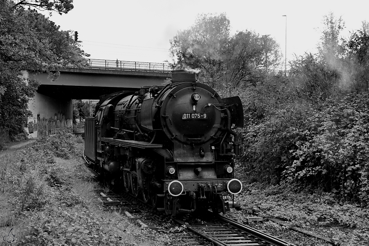 Nach der Abkopplung vom mitgebrachten Personenzug rangierte die Dampflokomotive 011 075-9 zum nebenan liegenden Gleis. (Hattingen, September 2022)