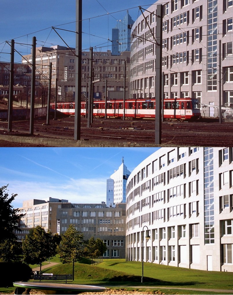 Nach der Aufnahme des Tunnelbetriebes zwischen der Heinrich-Heine-Allee und dem Düsseldorfer Hauptbahnhof im August 1988 wurde an der Stahlwerkstraße eine Rampe für die in Richtung Süden weiterfahrenden Linien sowie eine großräumige Abstellanlage für die im Hauptbahnhof endenen Züge errichtet. Um 2000 fährt eine B80-Doppeltraktion der Linie U 77 in den Tunnel ein. Nachdem die weiteren Tunnelstrecken in Richtung Eller bzw. Benrath im Jahre 2002 in Betrieb gingen, wurden die Gleisanlagen entfernt und eine Grünanlage angelegt (Aufnahme von 2012).