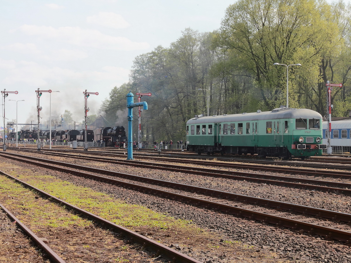 Nach der Dampflokparade Blick auf die Strecke, im Hintergrund der Andrang an der Drehscheibe am 30. April 2016 in Wolsztyn, im Vordergrund der Dieseltriebzug
SN61-168. 
