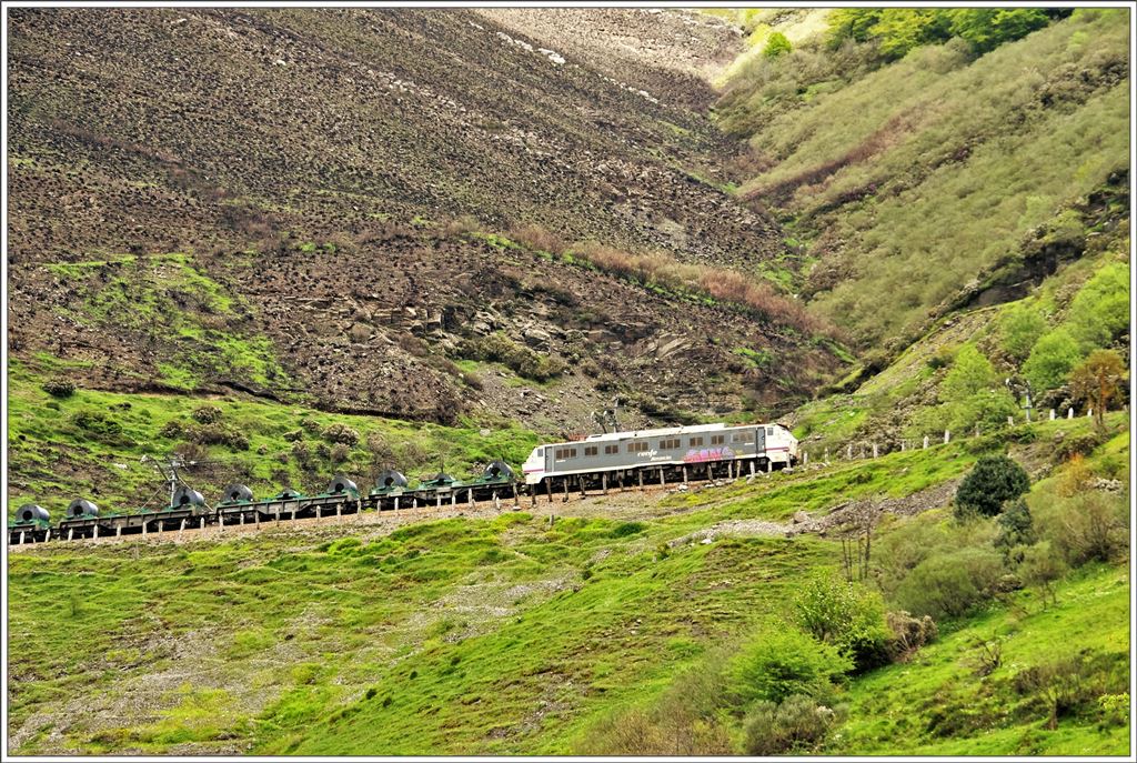 Nach der Doppelkreuzung in Pajares setzt die 251 008-9 die Bergfahrt bis Busdongo fort. (25.05.2016)