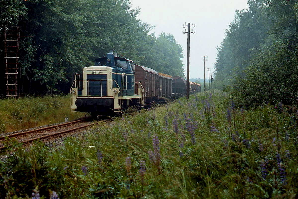 Nach einem kräftigen Regenschauer liegt der Dunst noch in der Luft, als 260 112-8 im Juli 1985 mit der vormittäglichen Übergabe von Tirschenreuth nach Wiesau fährt. 1999 fuhr hier der letzte Güterzug, der Personenverkehr war bereits 1989 eingestellt worden. Die Erinnerung an die Bahn bewahrt der Vizinalbahnradweg, der heute hier entlangführt. Die Geoposition konnte hier nur ungefähr angegeben werden.