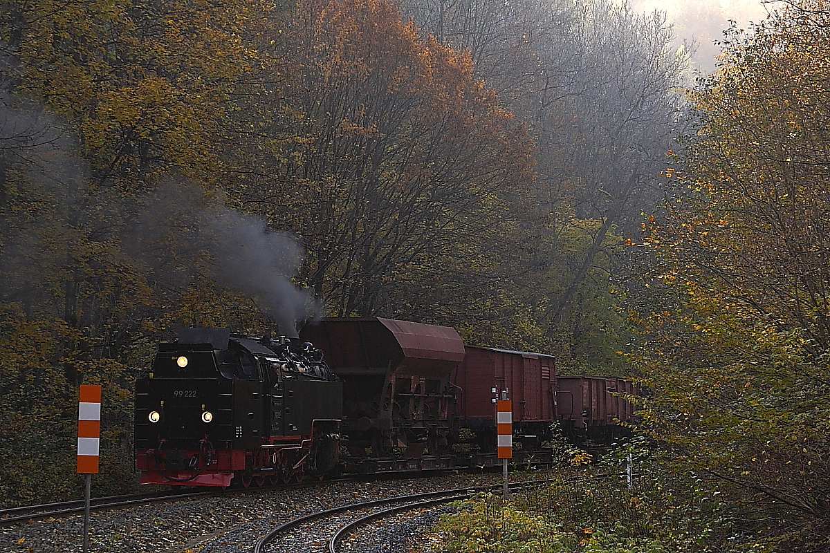 Nach erfolgter Doppelausfahrt mit Planzug P8904 schiebt 99 222 am 19.10.2013 ihren Foto-Güterzug der HSB jetzt zurück in den Bahnhof  Eisfelder Talmühle .


(Anmerkung zum Aufnahmestandort: Der Standort befindet sich an der Waldzunge genau zwischen der Gleisgabelung von Selketal- und Harzquerbahn, kurz hinter dem Bahnhof  Eisfelder Talmühle . Die Doppelausfahrt war speziell zu einem Fototermin für die Fahrgäste eines Sonderzuges der IG HSB organisiert (geplanter Bestandteil der Sonderfahrt), der Standort vorher genau festgelegt, von der Betriebsleitung der HSB genehmigt und durch Mitarbeiter der IG HSB überwacht und abgesichert worden, welche mit Argusaugen und Warnweste sowie  Meckertüte  (Megafon) bewaffnet, genauestens darauf achteten, dass keines ihrer  Schäfchen , und das waren immerhin 30-40, verlorenging oder sich gar in Gefahr brachte. Ich versichere, dass die Aufnahme somit absolut legal und keinesfalls eigenmächtig entstand!)