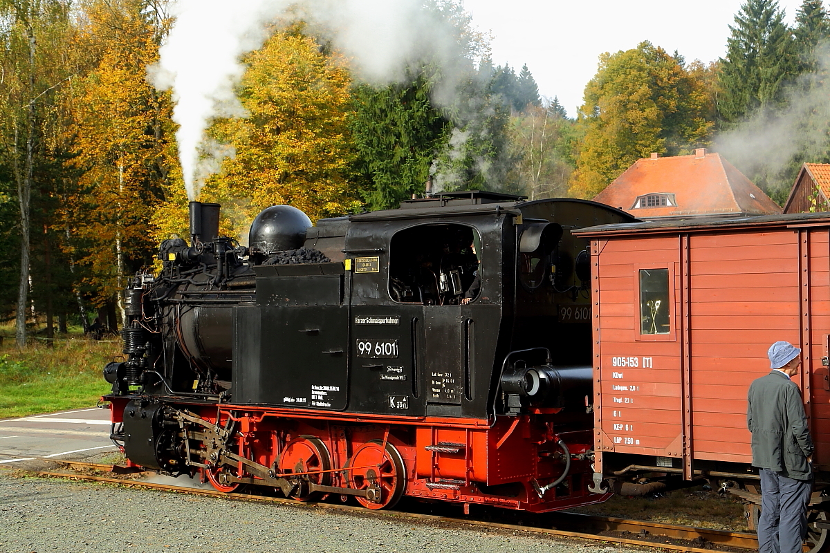 Nach erfolgter Scheineinfahrt, wartet 99 6101 mit ihrem IG HSB-Sonderzug am 18.10.2014 im Haltepunkt Silberhütte (Anhalt), jetzt auf die Zugkreuzung mit P8982.
