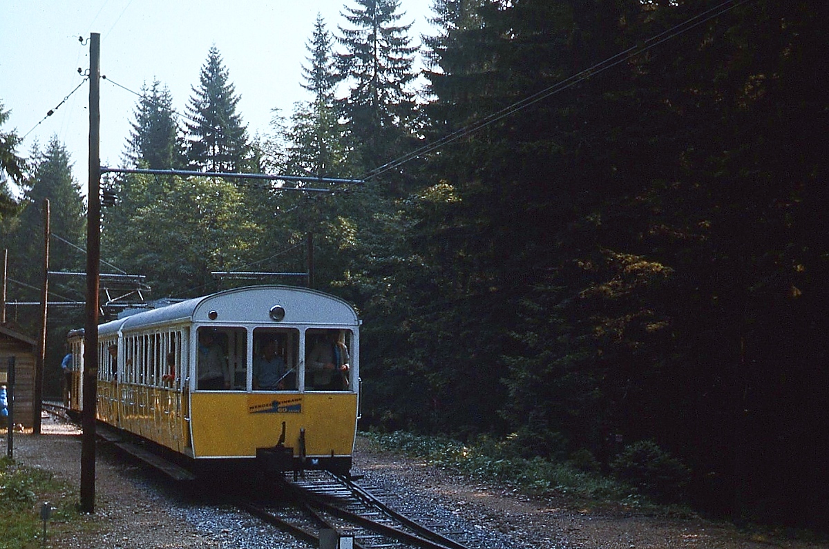 Nach kurzem Aufenthalt verlässt ein Zug der Wendelsteinbahn im September 1976 die Kreuzungsstation Aipl in Richtung Bergstation