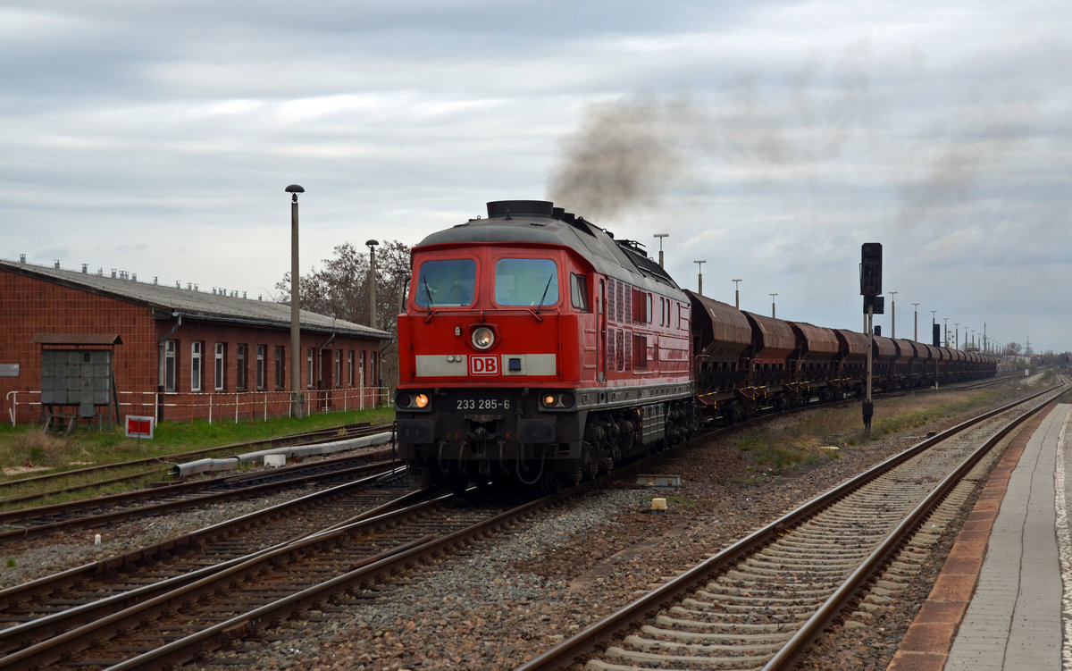 Nachdem 233 285 sich am 07.04.16 in Baalberge an das andere Zugende gesetzt hatte, beförderte sie ihren Zug die letzte Etappe bis zur Zuckerfabrik Könnern. Fotogarfiert bei der Ausfahrt aus Baalberge.