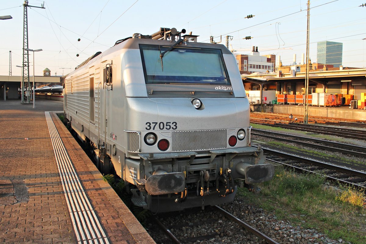 Nachdem akiem/HLG BB 37053 einen Holzzug in die Schweiz gebracht hatte, stand sie am Morgen des 02.07.2015 abgestellt auf Gleis 95 in Basel Bad Bf.
