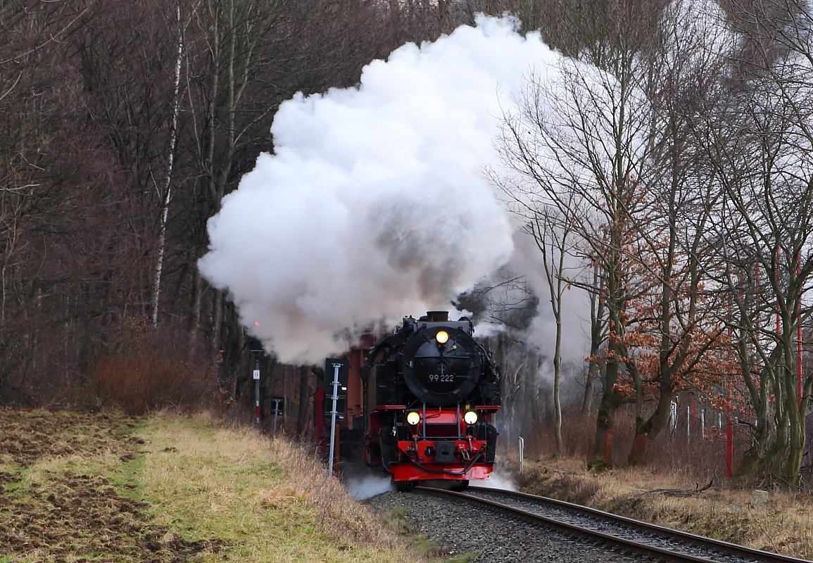 Nachdem am 06.02.2016 die Fotografen aus dem IG HSB-Sonderzug ausgestiegen sind und dieser nach Steinerne Renne weitergedampft ist, nähert sich bei voll geöffnetem Regler bereits 99 222 mit dem Fotogüterzug.